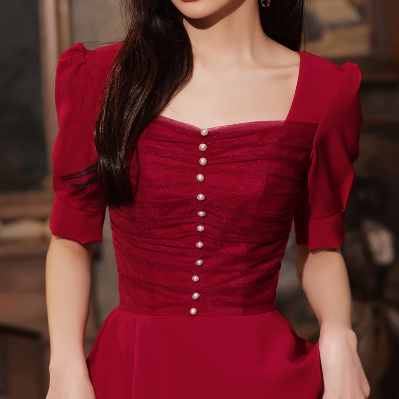 Toast to the bride The little guy is engaged in the summer and can wear the wine red temperament back to the gown dress.