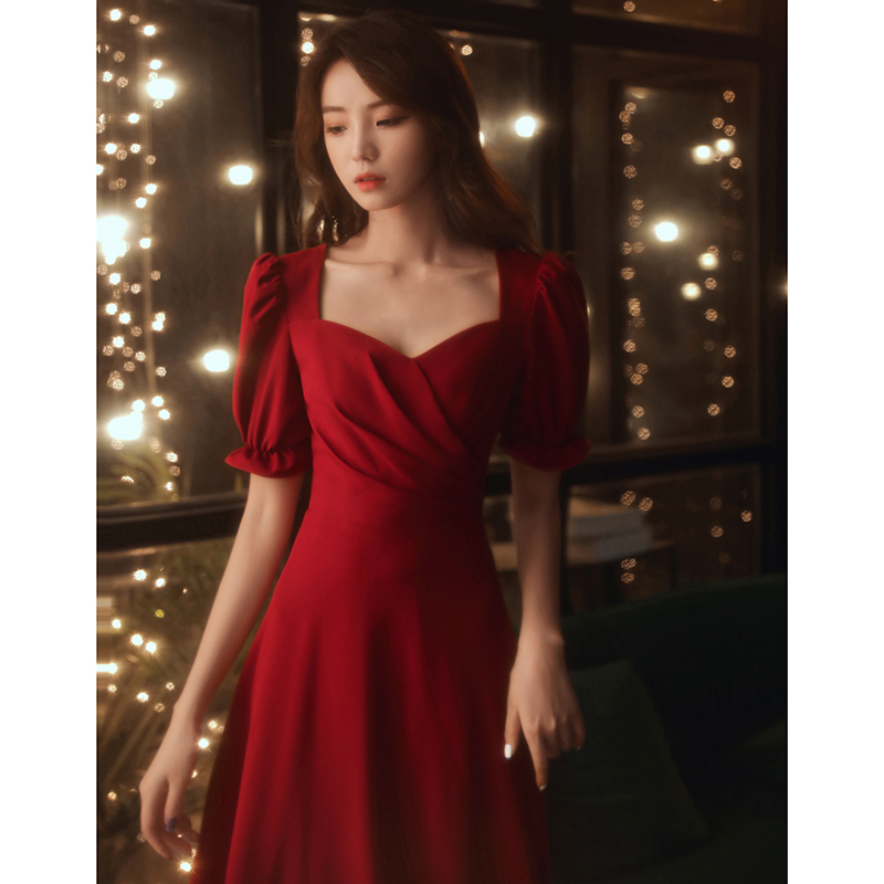 Bride - red wine can usually wear 2023 new marriage engagement home dress dress little man