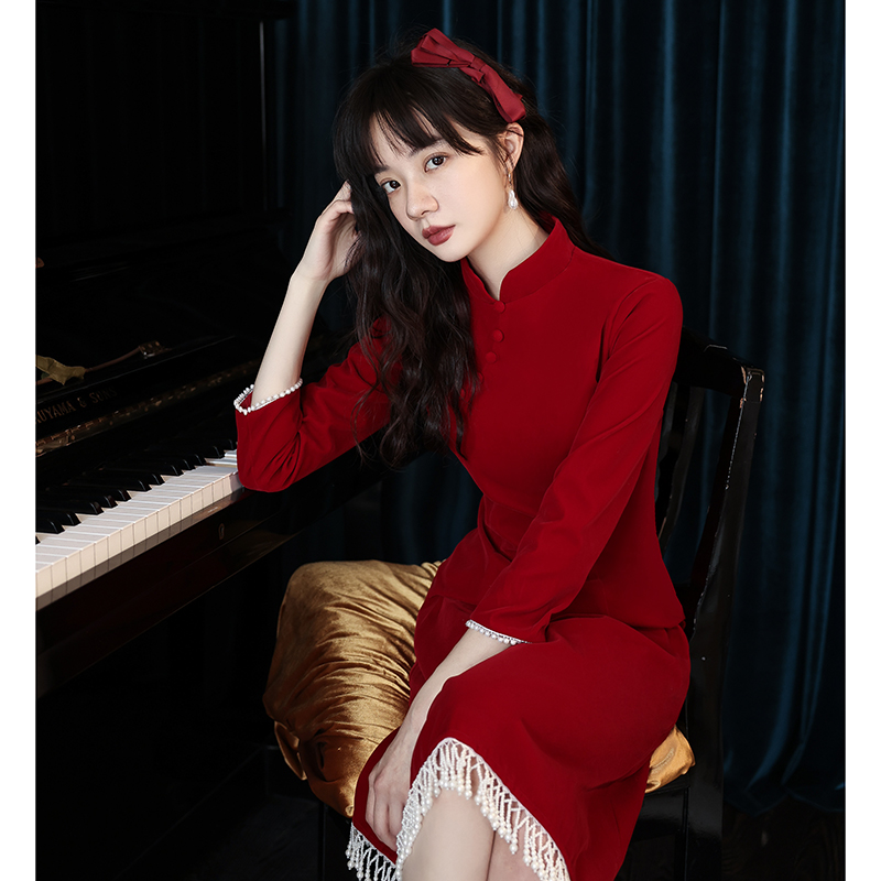 Qipao toast with wine red brides normally able to wear wedding small gown dresses dress woman long sleeve engagement nepotism dress