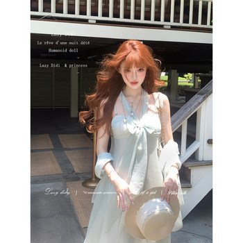 Lazydidi summer lime cool three-dimensional bow shawl waist 4m skirt vacation halter long dress