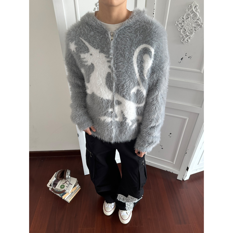 Unlg'Unicorn' Soft Faux Mink Fur Hooded Sweater Jacket for Men and Women, Loose and Lazy Jacquard Knit Cardigan Unlg'Unicorn' Soft Faux Mink Fur Hooded Sweater Jacket for Men and Women, Loose and Lazy Jacquard Knit Cardigan