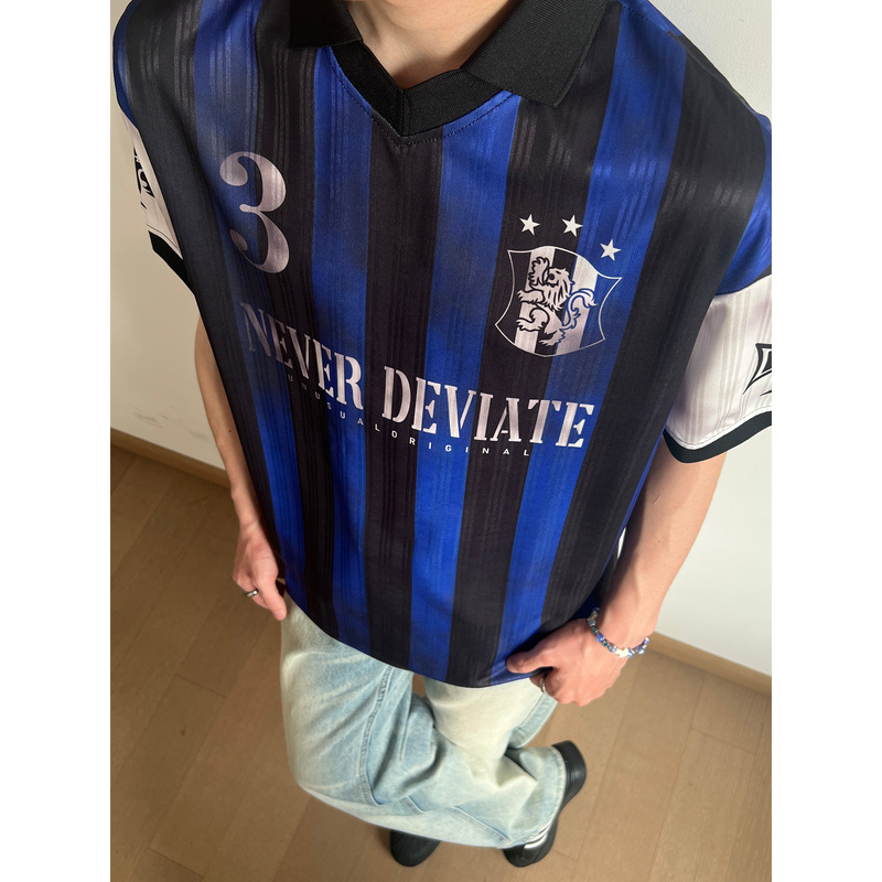 Unlg American Retro Lapel Quick-Drying Jersey Short-Sleeved T-Shirt Men's Summer Loose Casual Striped Contrasting Color Football Top