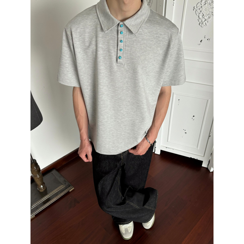 Unlg American-Style Turquoise Button Polo Shirt Short-Sleeved T-Shirt for Men, Summer Loose Heavyweight Simple High-End Collared Top