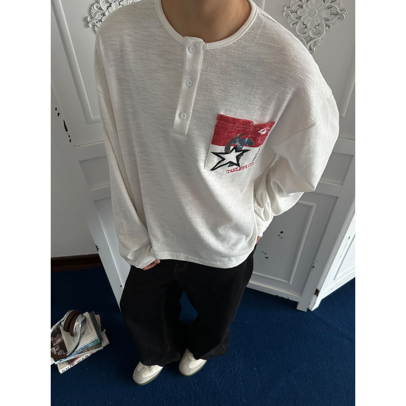 Unlg'Flag Pocket' Textured Slub Cotton Henley Collar Long-Sleeve T-Shirt for Men, Loose Casual Top for Autumn