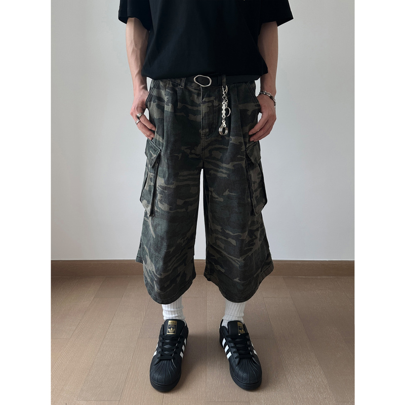 Unlgcleanfit Loose Camouflage Capri Pants for Men, Summer Thin Wide-Leg Jorts Shorts, Trendy Pants