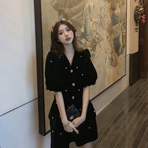 Summer womens dress 2022 New womens style Hepburn Wind v collar black Liandress Summer Advanced sense Design small crowdsourced