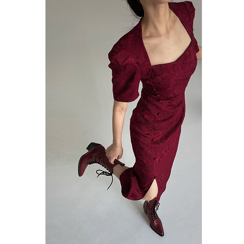 China Wind New Chinese Women's Dress Wine Red Color Square Collar Engagement Improvement Qipao Dress With Dress Woman Fae-style Small Gown Back Door-Taobao