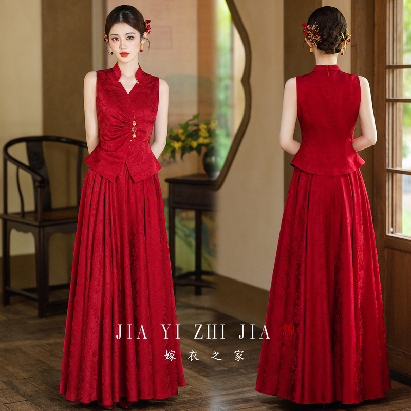 Wedding Dress House【Beauty】New Chinese-Style Red Toast Dress Bride Wedding Cheongsam Summer Engagement Dress Skirt for Women Wedding Dress House【Beauty】New Chinese-Style Red Toast Dress Bride Wedding Cheongsam Summer Engagement Dress Skirt for Women