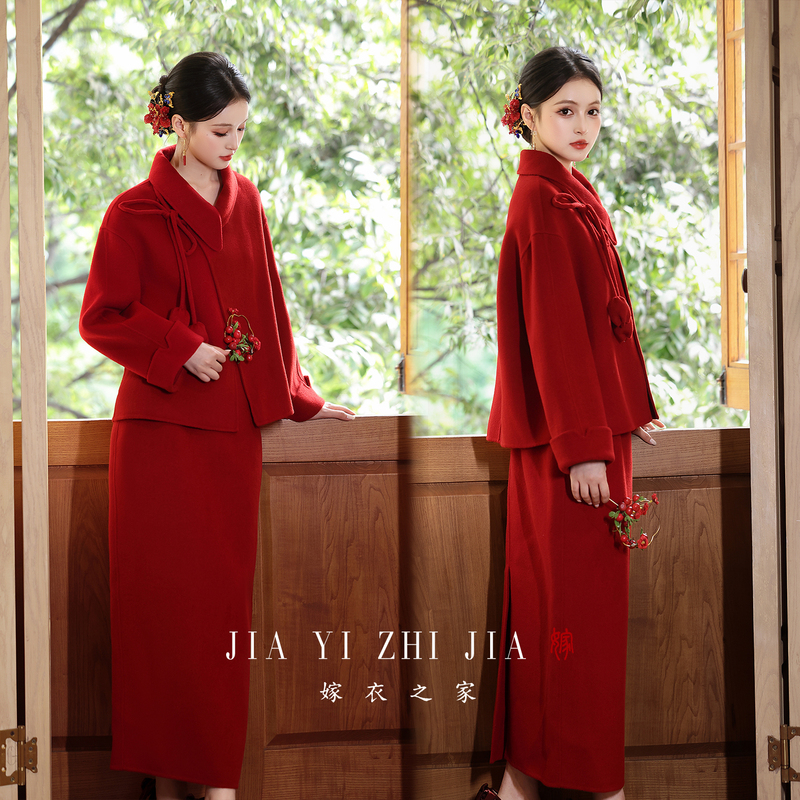 Wedding Dress House【Little Joy】New Chinese-Style Red Wool Coat, Chanel-Style Suit, Toast Dress, Engagement Dress