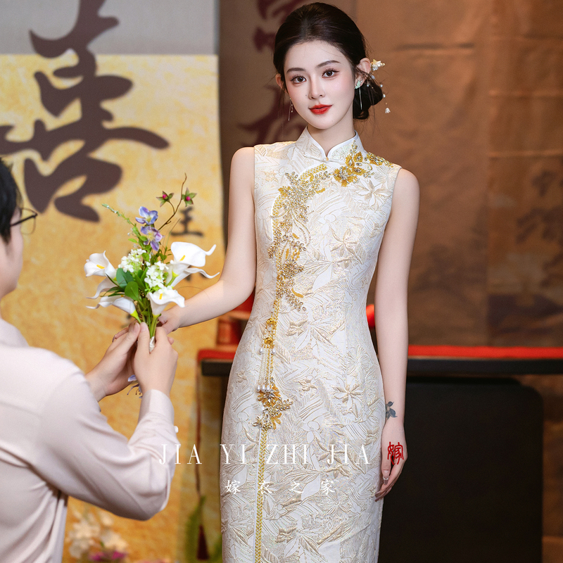 Champagne-Colored Engagement Dress, Cheongsam, Toast Dress, High-End Bridal Attire, New Chinese-Style Dress for Women