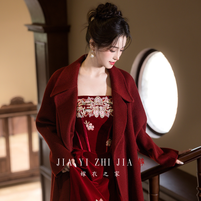 Wedding Dress House Red Coat Bride Wedding Toast Dress Engagement Dress Everyday Wearable Double-Sided Wool Coat Wedding Dress