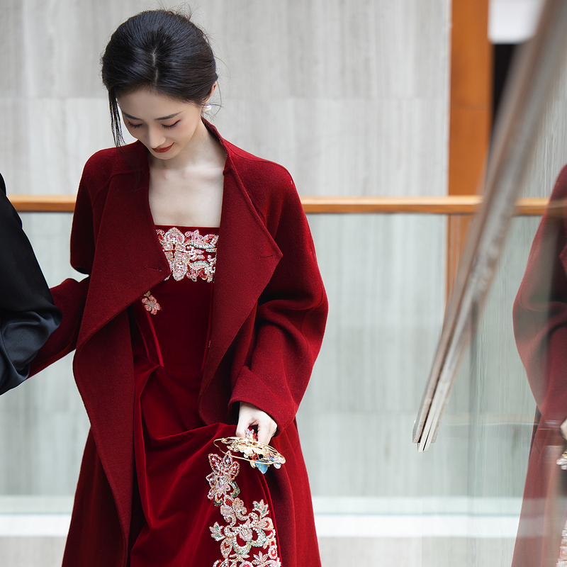 Wedding Dress House Red Coat Wedding Jacket Bride Woolen Engagement Dress Casual Wool Coat Toast Dress