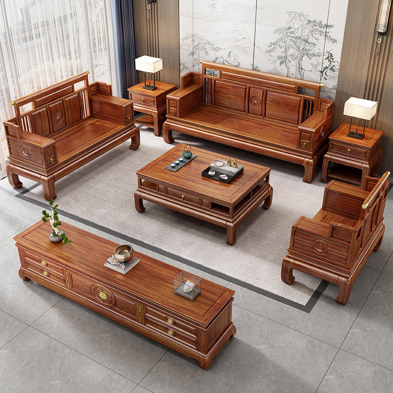 New Chinese gold floral pear wood full solid wood whole solid wood finishing mortise and winter summer dual-use sofa Living room Pineapple Grove antique red furniture-Taobao