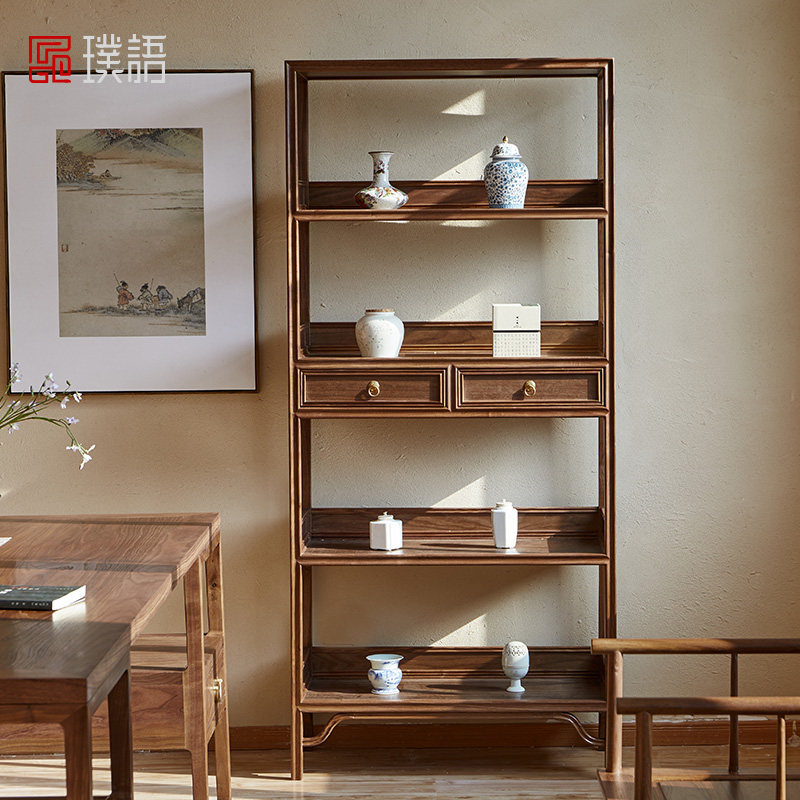 Chinese meditation New Chinese black walnuts solid wood bookshelves Composition cabinet shelves Multi-treasure cockshelf tea room clubhouse furniture-Taobao