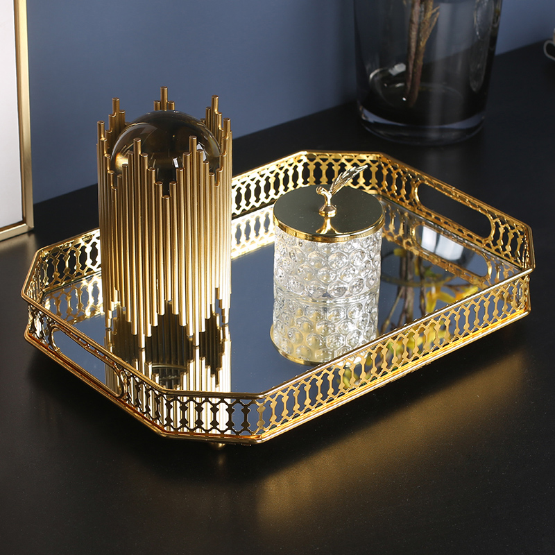 Entrusted Disc Containing Plate Light Lavish-Style Teacup Shelf Gilded Metal Glass Mirror Home Living Room Hem Tray Fruit Tray