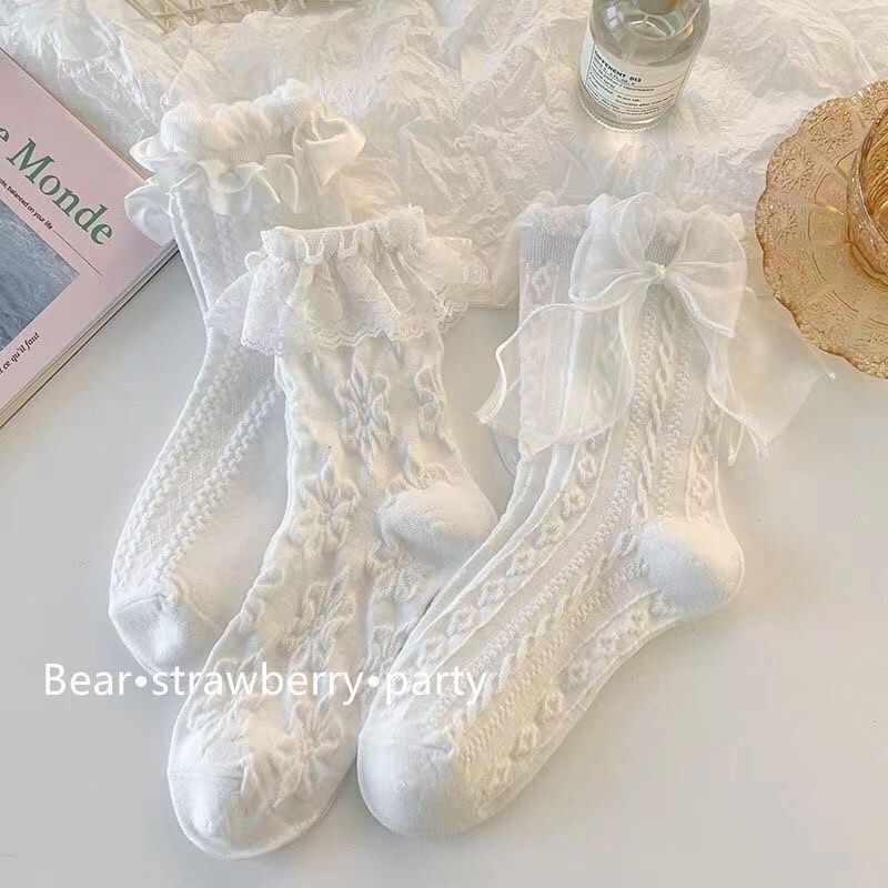 White Jk Bow Lolita Lace Calf Socks, Thin, Sweet, Breathable Short Socks Paired with Mary Jane Leather Shoes White Jk Bow Lolita Lace Calf Socks, Thin, Sweet, Breathable Short Socks Paired with Mary Jane Leather Shoes