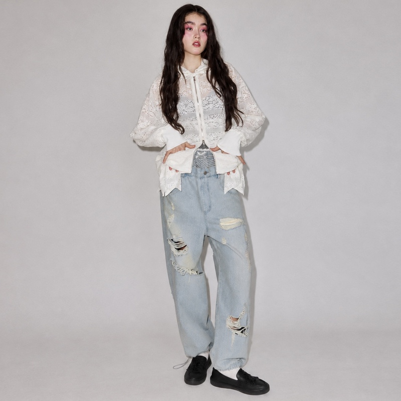 Japanese Pure Style C@Ndy Stripper Sweet Cool Double Waistband Plaid Patchwork Ripped Jeans