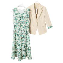 West Lake Cabinet Old (Th) Spring loaded with one grain button suit printed one-piece dress lady suit XB736