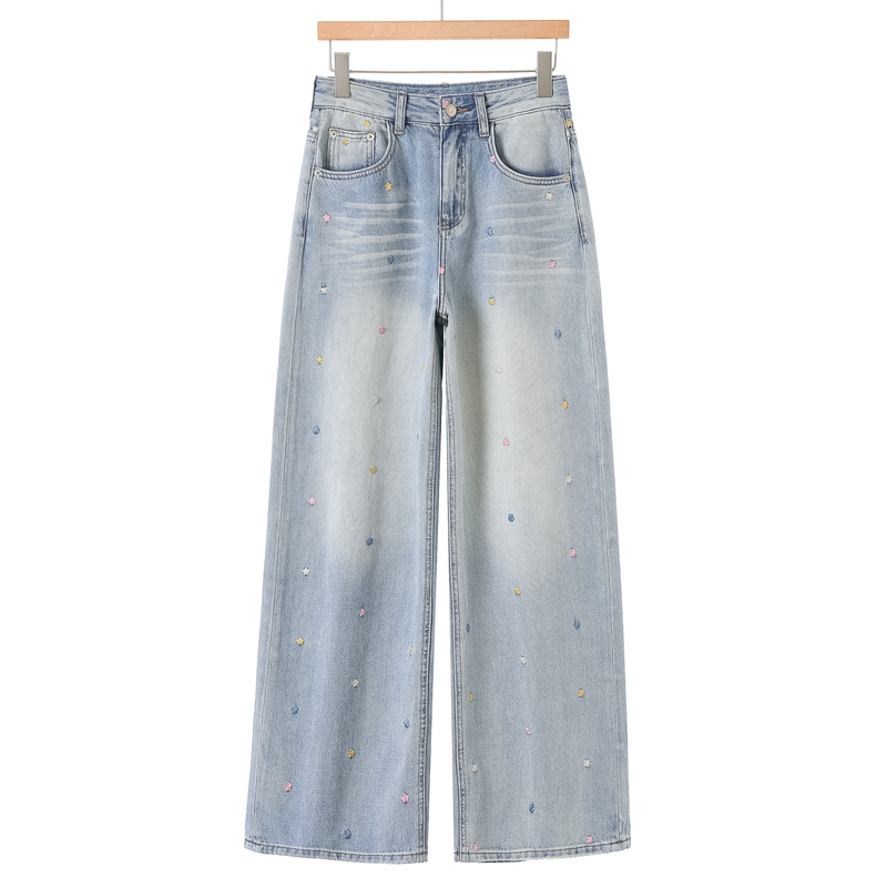 West Lake Elder [Fei] New Summer Collection Hong Kong Style Retro Colorful Floral Embroidery Wide-Leg Jeans 259K