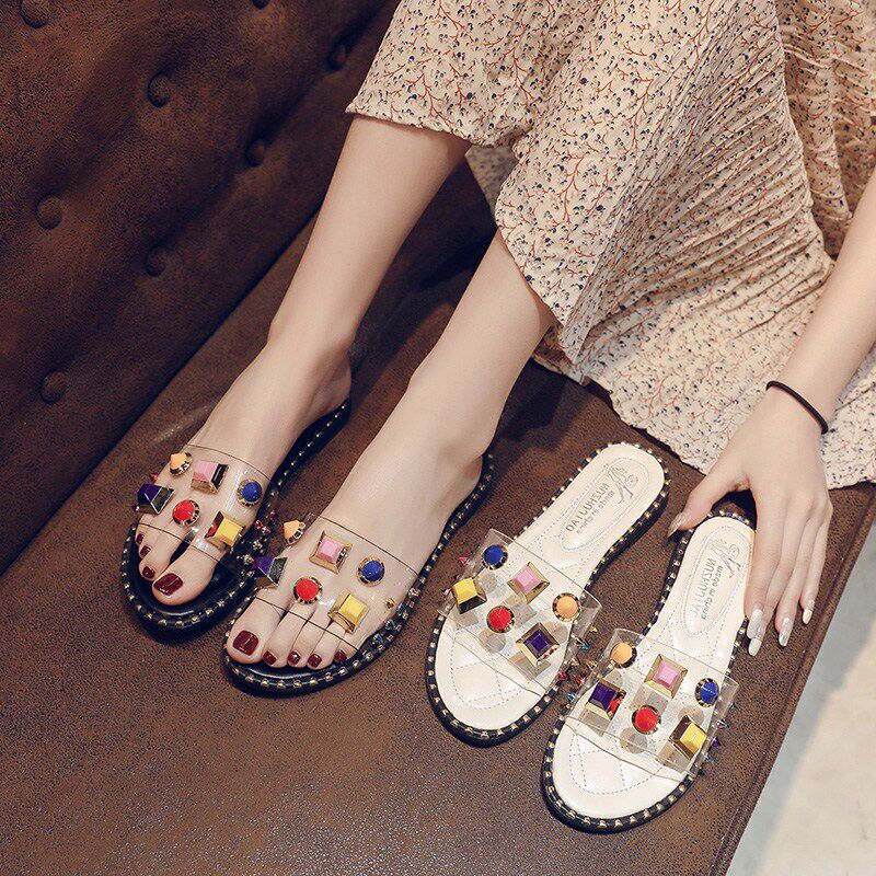 Transparent sandals and slippers shoes ladies ins tide wear super hot 2021 new summer net red flat bottom flip flops beach shoes