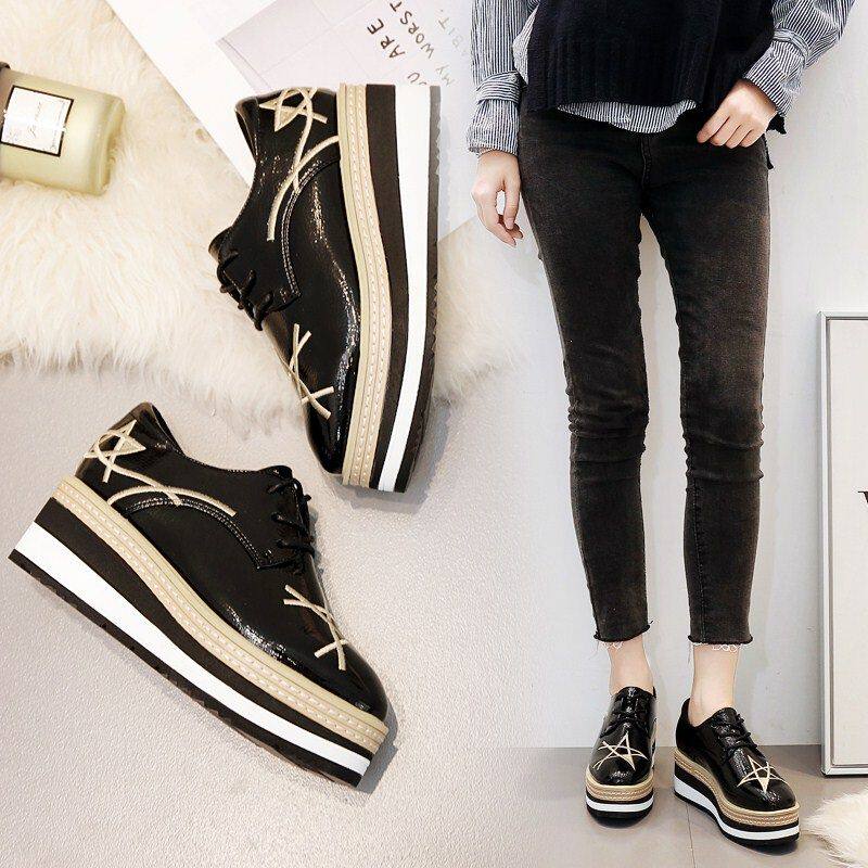 Net red platform shoes women's ins tide thick bottom 2021 spring and autumn new style all-match inner heightening British Lok Fu wedge shoes