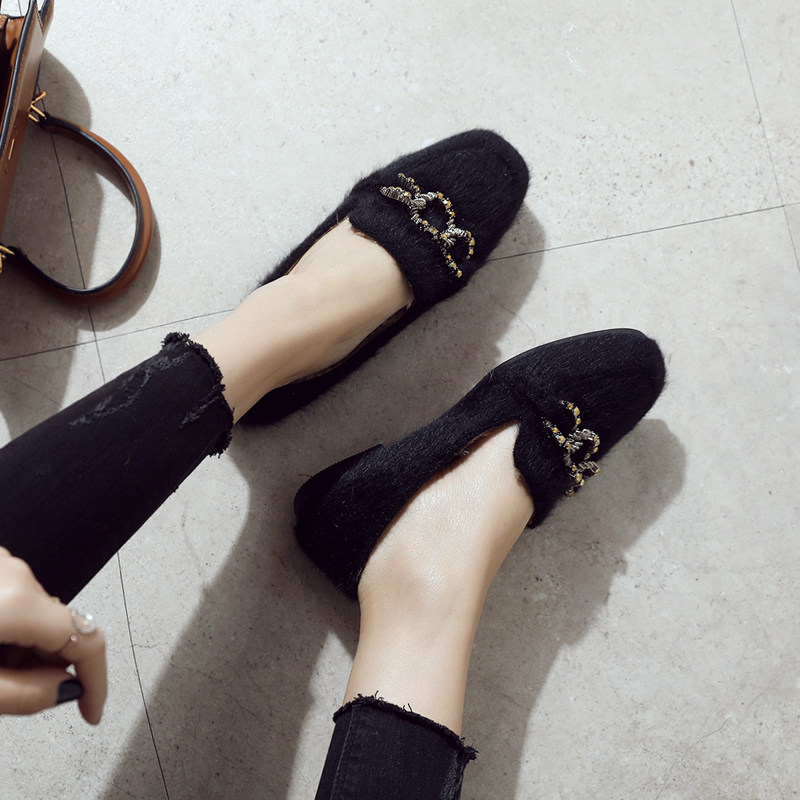 Tide brand mink fur shoes women's outer wear autumn and winter 2021 new Korean version all-match beanie shoes plus velvet single shoes flat shoes