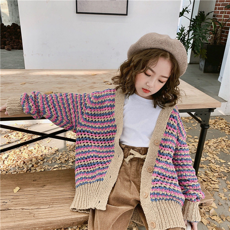 South Korea Girl Knit Cardiovert 2021 New Coat Foreign Pie Children Autumn Winter Style Hooded Sweater Sweater Outfitting Blouse