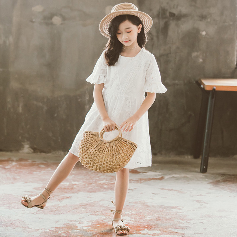 Girl Summer Thin Dress Girl Princess Dress Korean Version CUHK Boy Beach Short Sleeve White Dress Childlike Dress
