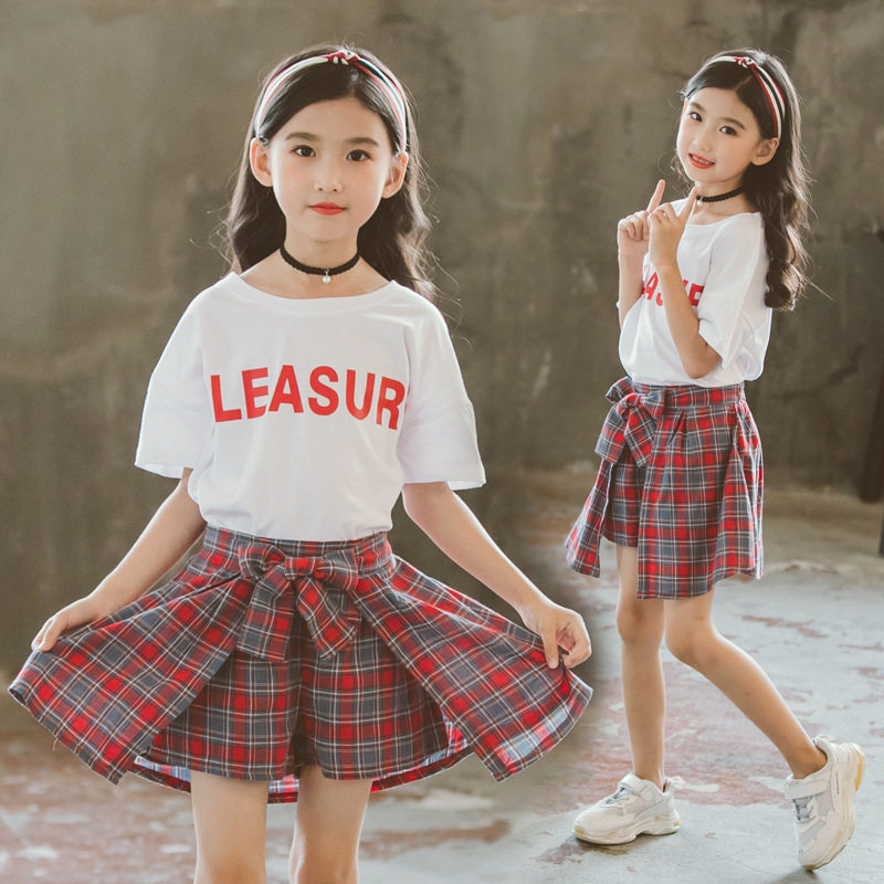Girl's Thin Suit 2022 Summer New Foreign Pie Plaid Personality Short Skirt Round Collar Printed Short Sleeves Two Sets Tide