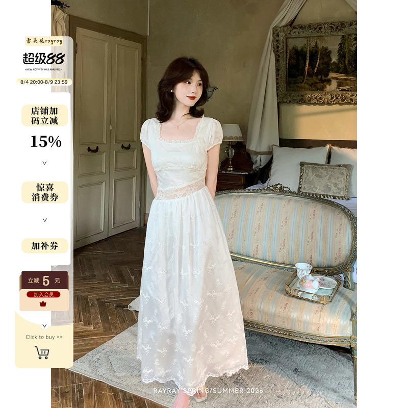 Lei Yingjun [Heartbeat Signal] French-Style Gentle Off-White Floral Embroidered Dress with Multi-Layered Lace and Waist-Cinching Design