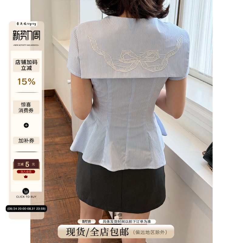 Lai Yingjun [Sea Breeze Dreamweaver] Navy Collar Blue and White Striped Short-Sleeve Shirt for Women with Lace Bow Embroidery Top