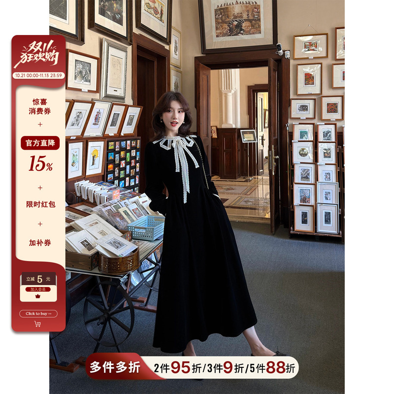 Lai Yingjun [Miss Bella] Velvet Black Dress Early Autumn Lace Bow A-Line Long Skirt