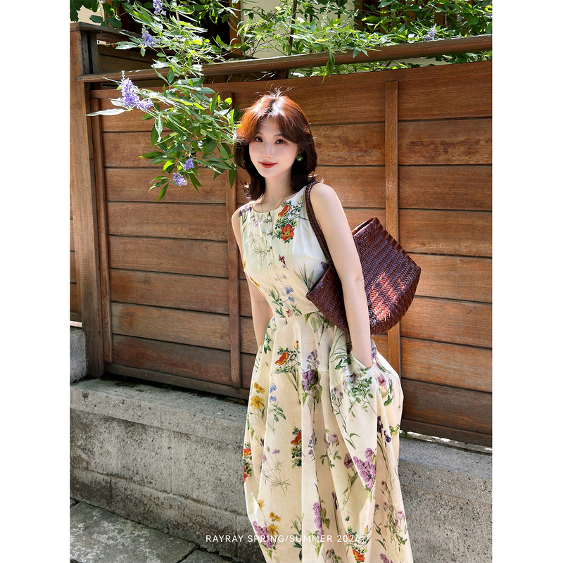 Lei Yingjun [Wild Sequence Collection] Artistic Style Plant Print Dress Round Neck Waist-Cinching Cocoon-Shaped Elegant Long Dress