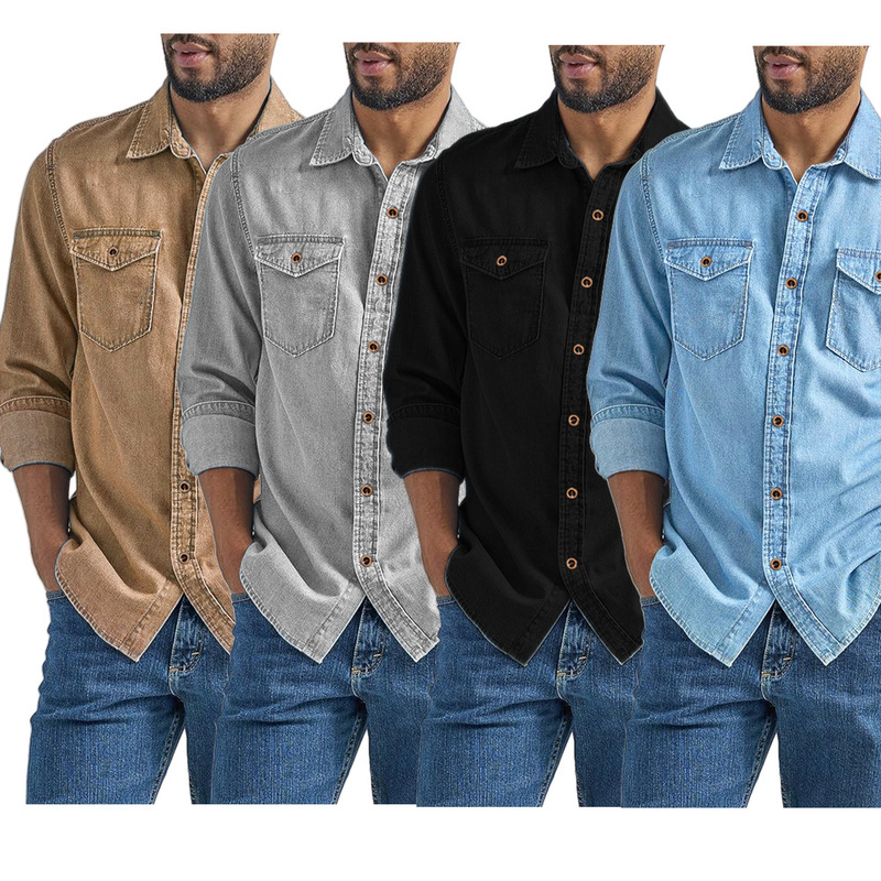 European and American Denim Men's Shirts Amazon Fitness Men's Spring and Autumn Cardigans Wish European Version Plus Size Shirts T-Shirts