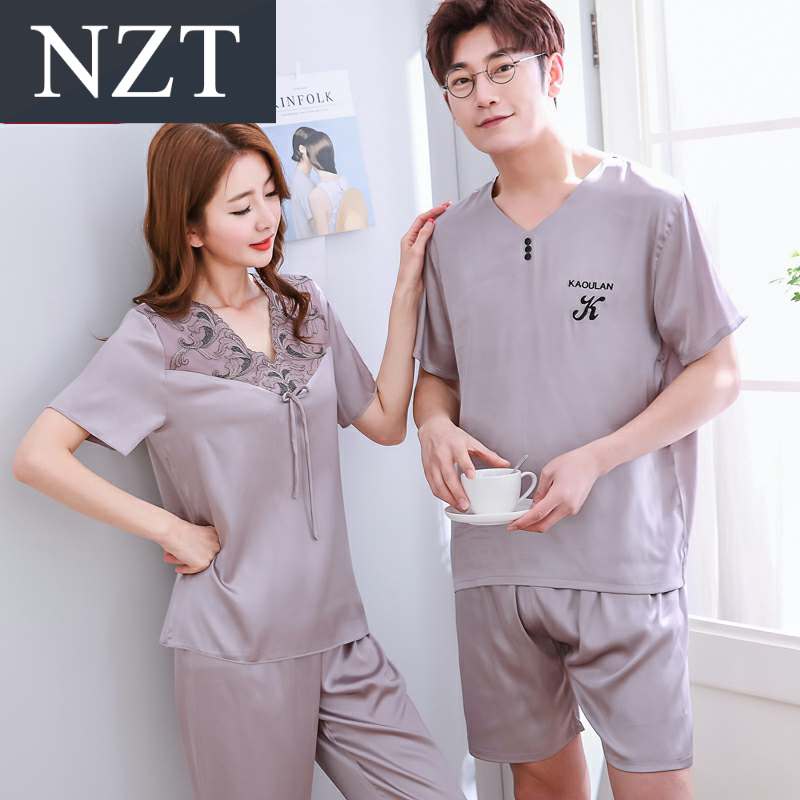 Spring and summer 2021 new ice silk men and women couples large size short-sleeved shorts home clothes silk pajamas men and summer