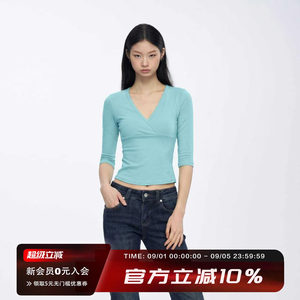 Archivum Cross Deep V-Neck Low-Cut Mid-Sleeve Slim-Fitting Sexy T-Shirt Top for Autumn