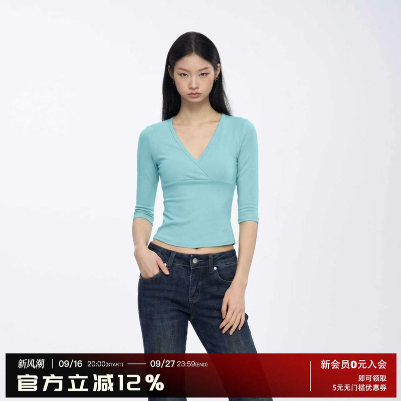 Archivum Cross Deep V-Neck Low-Cut Mid-Sleeve Slim-Fitting Sexy T-Shirt Top for Autumn