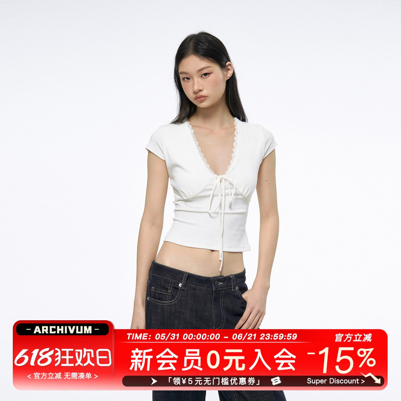 Archivum American-Style Deep V-Neck Lace-Trimmed Short-Sleeve Slim-Fit Sexy Versatile T-Shirt Archivum American-Style Deep V-Neck Lace-Trimmed Short-Sleeve Slim-Fit Sexy Versatile T-Shirt