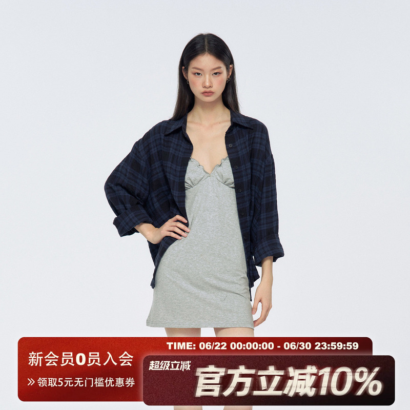 Archivum Retro Versatile Simple Plaid Shirt V-Neck Lace Dress Vest Mid-Length Skirt Slimming Suit