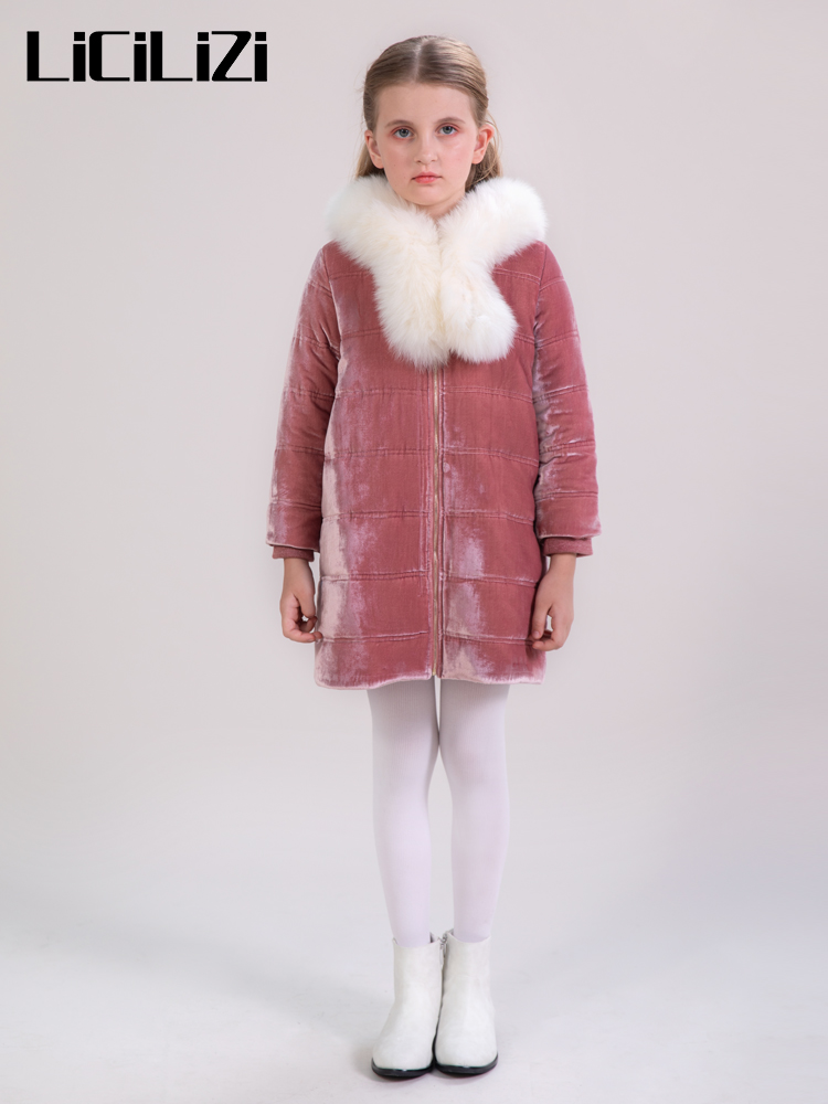 LiCiLiZi particle girl down jacket blue caramel vermicelli velvet warm mulberry silk children autumn winter coat