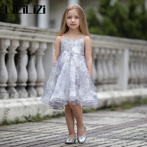 LiCiLiZi particle gray girl dress Princess little fairy flower net gauze set summer suspender dress