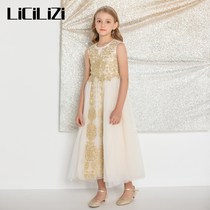 Particle girl dress dress Golden foreign style high-end childrens catwalk host piano performance costume party dress