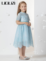 LiCiLiZi particle children's clothing Girls' blue dress net cut out embroidering short sleeves across the knee long dress