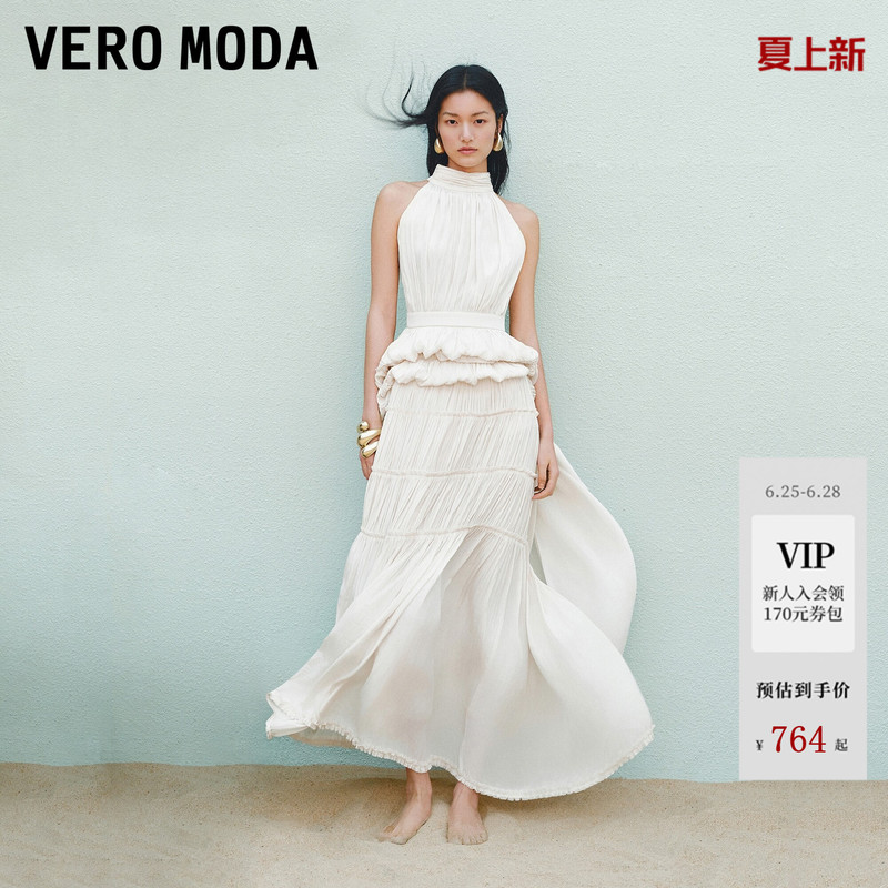 Vero Moda Dress 26 Summer Multi-Layered Pleated Skirt Sleeveless Solid Color Long Dress Vacation 32627A085