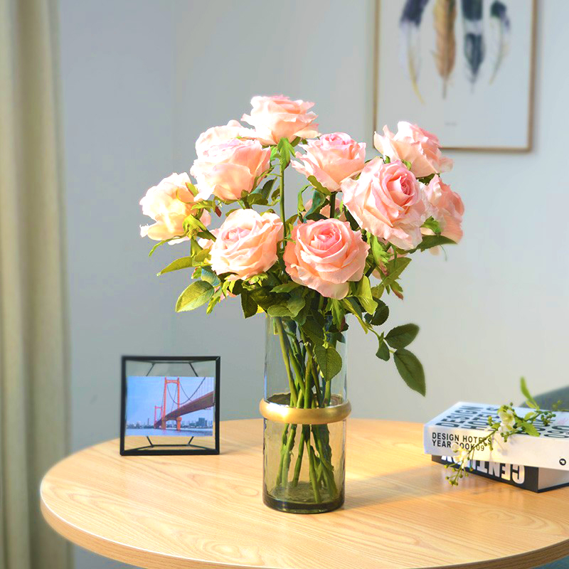 Rose flower simulation flower single living room dining table high-end decoration decoration fake bouquet jk photo blue silk flower