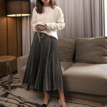 Shiny silver silk mesh skirt female 2019 spring and summer new high waist mid-length long skirt gauze skirt pleated skirt skirt