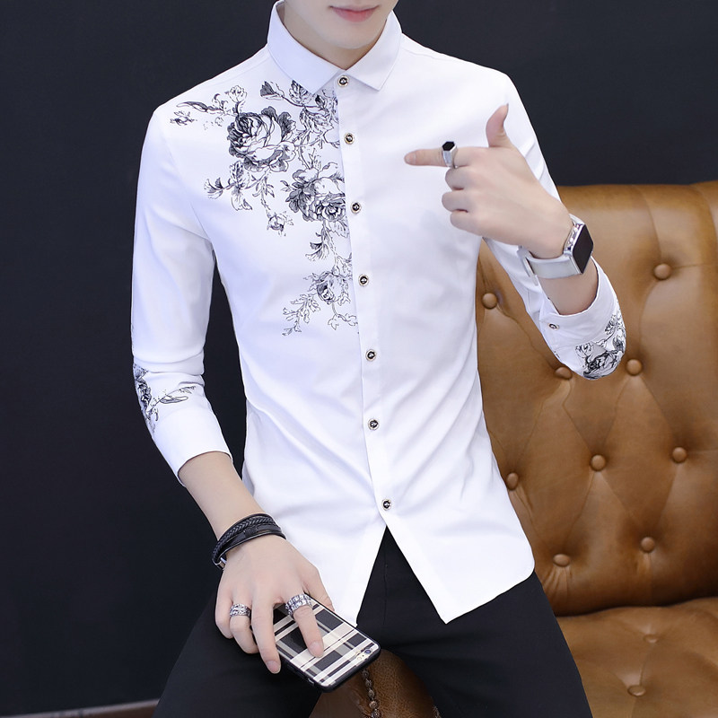 Men's shirts long-sleeved Korean version tide autumn new 2019 men's handsome printing casual men's white shirt men's cs