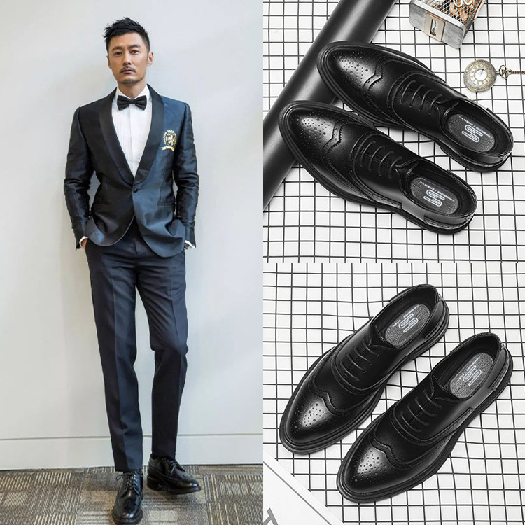 Genuine leather shoes men's business formal wear 2020 new black casual heightened breathable all-match brogue wedding shoes xz
