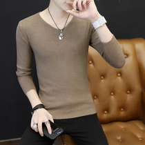 Mens sweater spring and autumn thin knitwear mens long sleeve inside Korean fashion slim solid color v neck base shirt