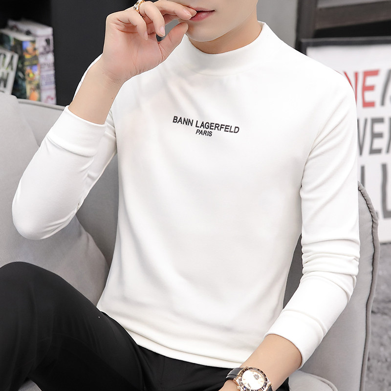 Semi-high collar long sleeve T-shirt male spring autumn style Korean version Trend round collar thick cotton T male fit hitch to beat undershirt male cx